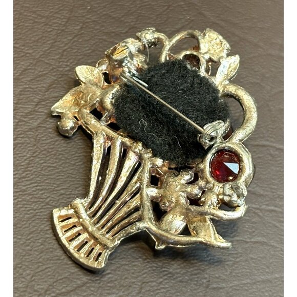 Vintage Carved Or Molded Red Rhinestone Flower Basket Pot Metal Pin Brooch - Picture 4 of 5